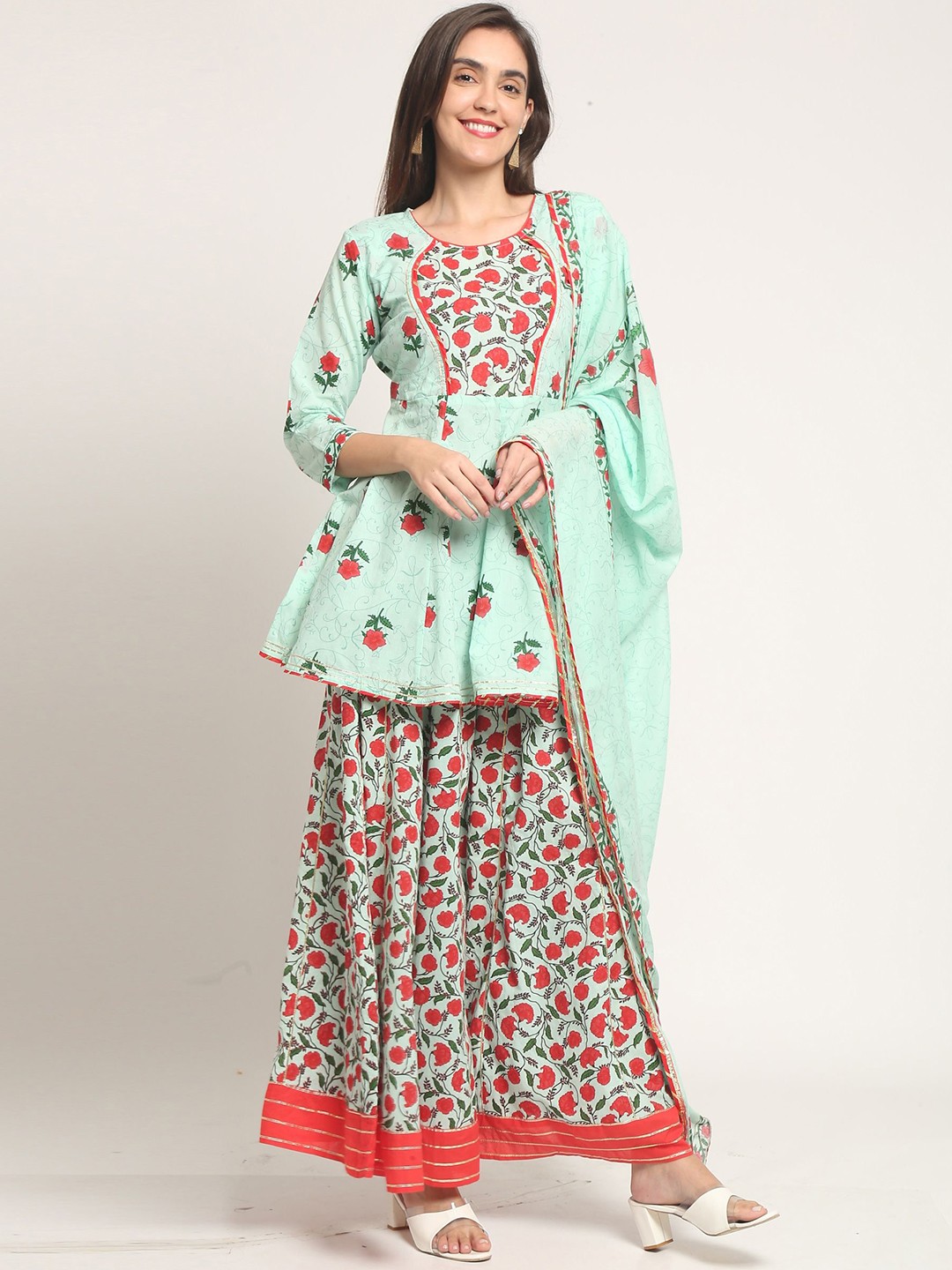 

KALINI Floral Printed Regular Pure Cotton Kurti with Palazzos & With Dupatta, Sea green