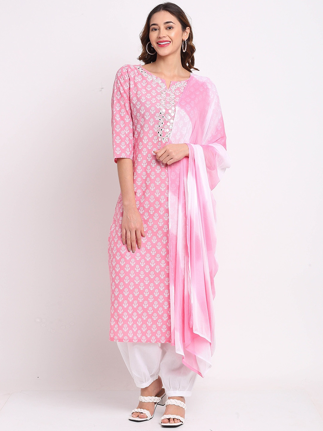 

KALINI Ethnic Motifs Printed Mirror Work Pure Cotton Straight Kurta with Salwar & Dupatta, Pink