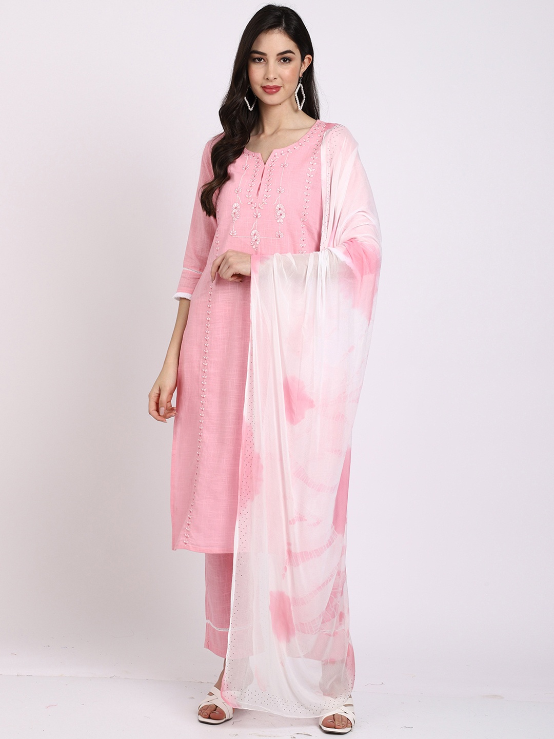

KALINI Floral Embroidered Pure Cotton Straight Kurta With Trouser & Dupatta, Pink