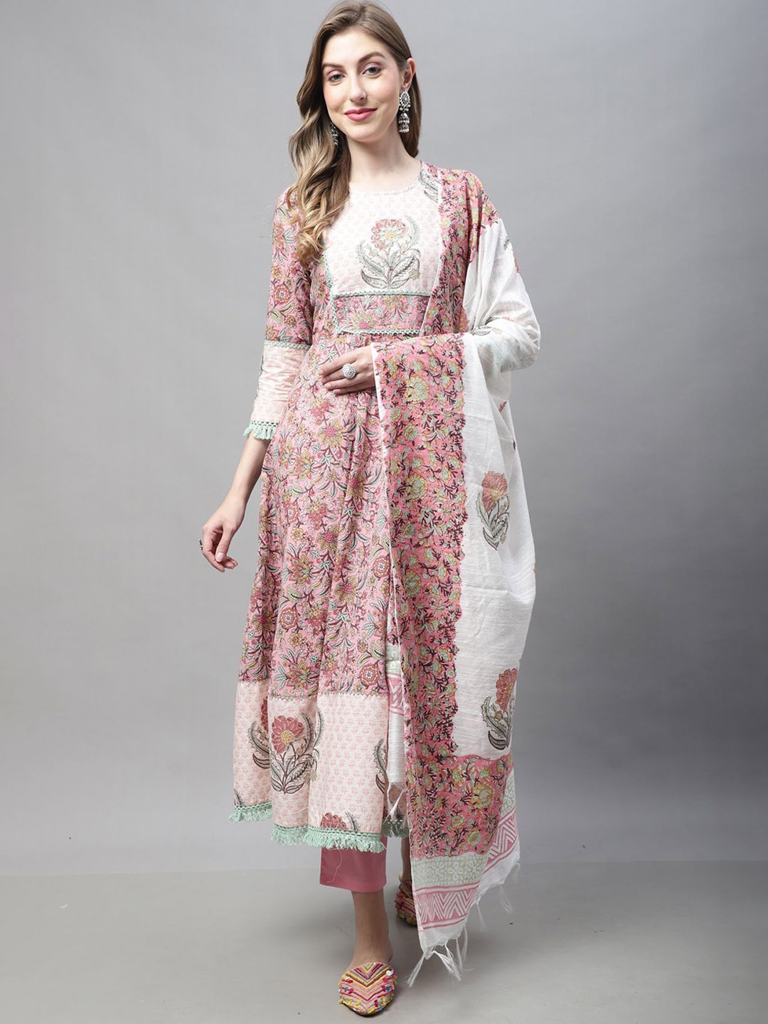 

KALINI Floral Printed Gotta Patti Pure Cotton Anarkali Kurta with Trousers & Dupatta, Pink