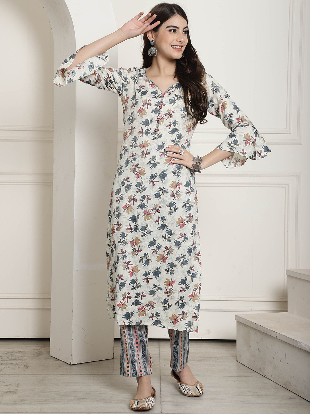 

KALINI Floral Printed Regular Kurta with Trousers, Cream