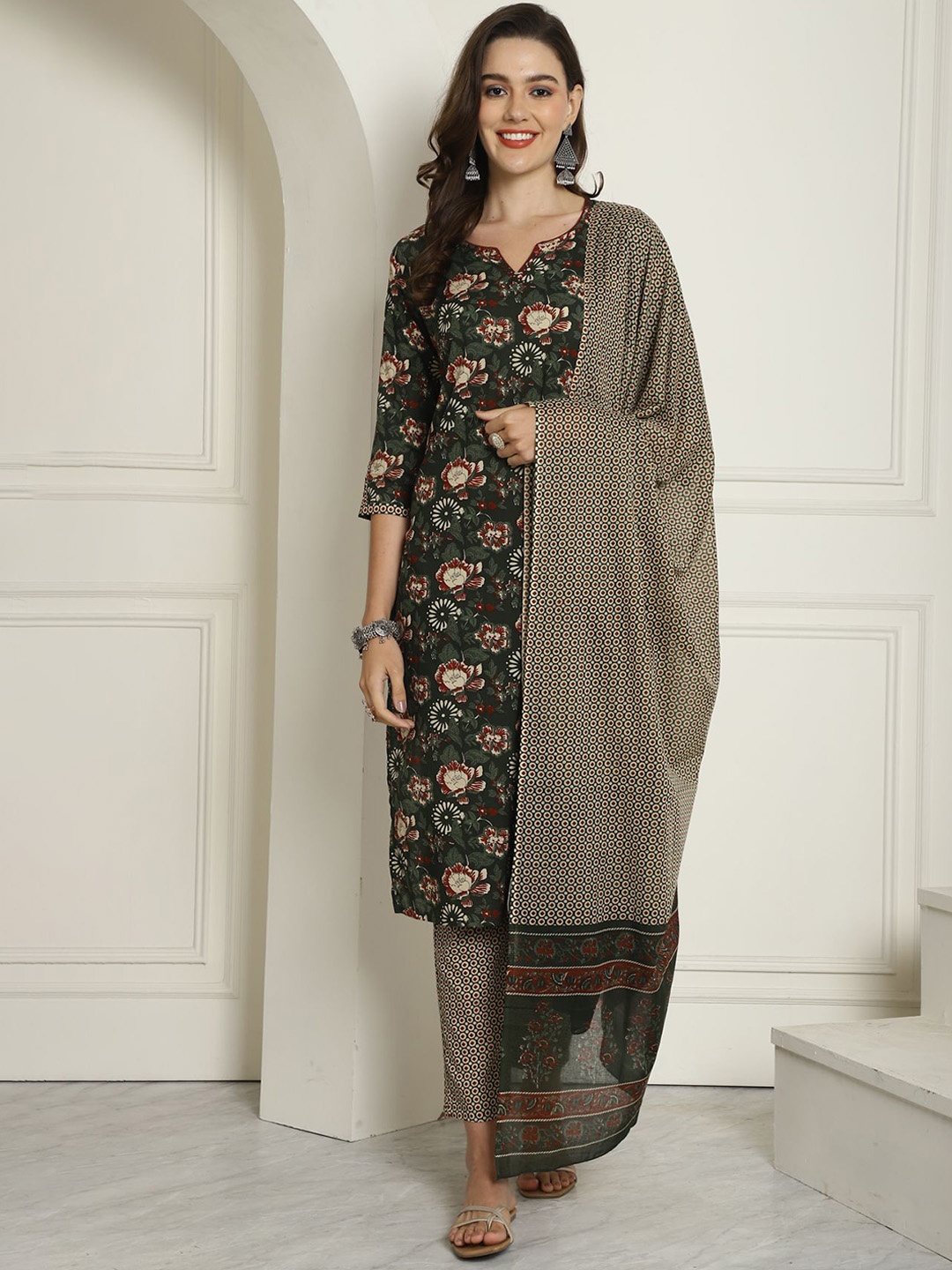 

KALINI Floral Printed Straight Pure Cotton Kurta with Trousers & Dupatta, Green
