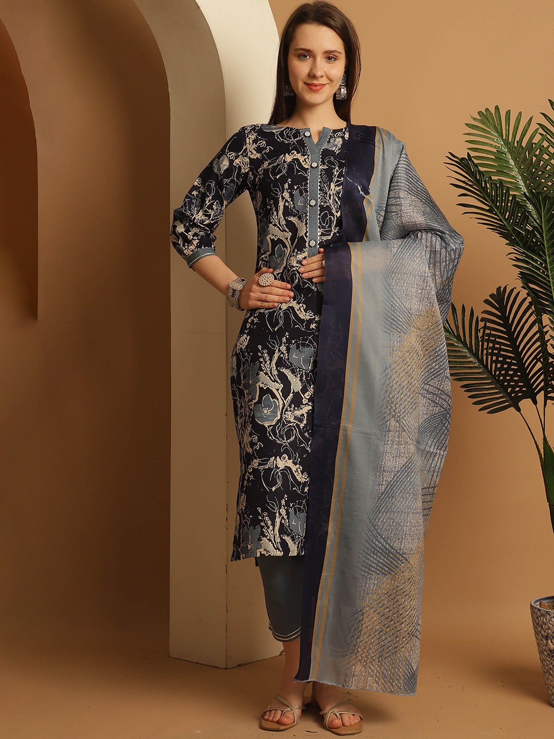 

KALINI Floral Printed Regular Straight Kurta With Trousers & Dupatta, Navy blue
