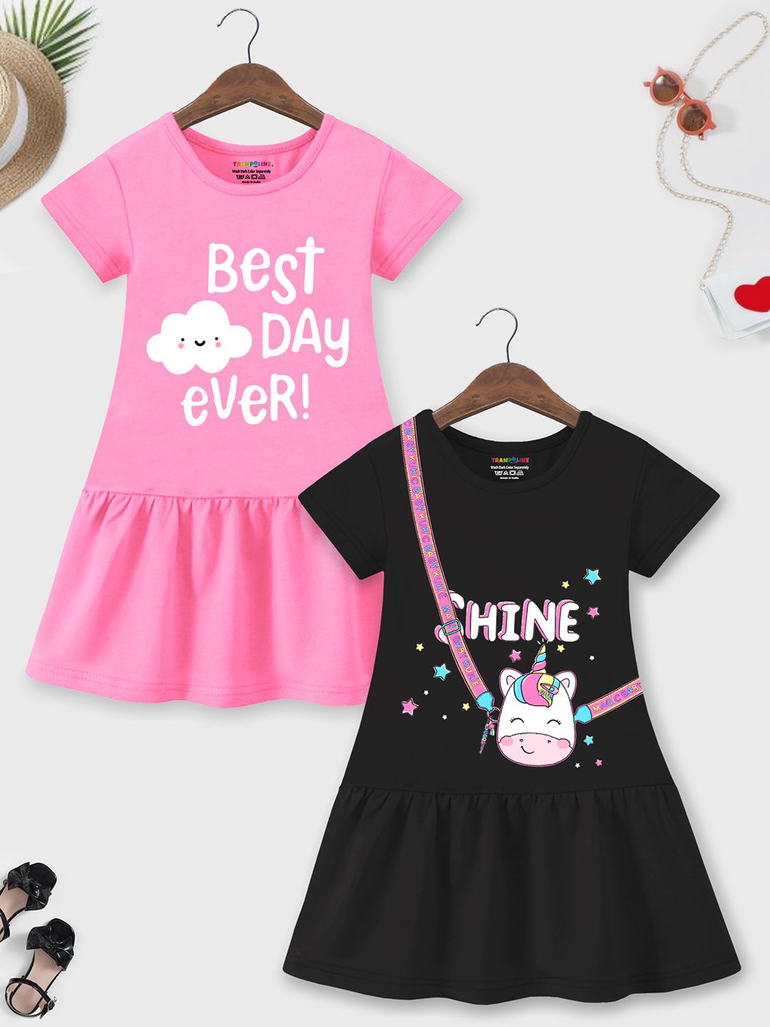 

YK X Trampoline Pack of 2 Girls Printed Cotton A-Line Dress, Black