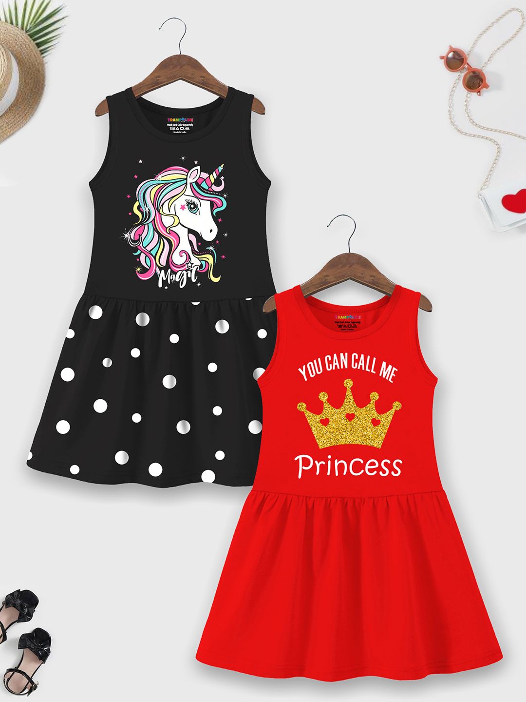 

YK X Trampoline Pack of 2 Graphic Print Cotton A-Line Dress, Red