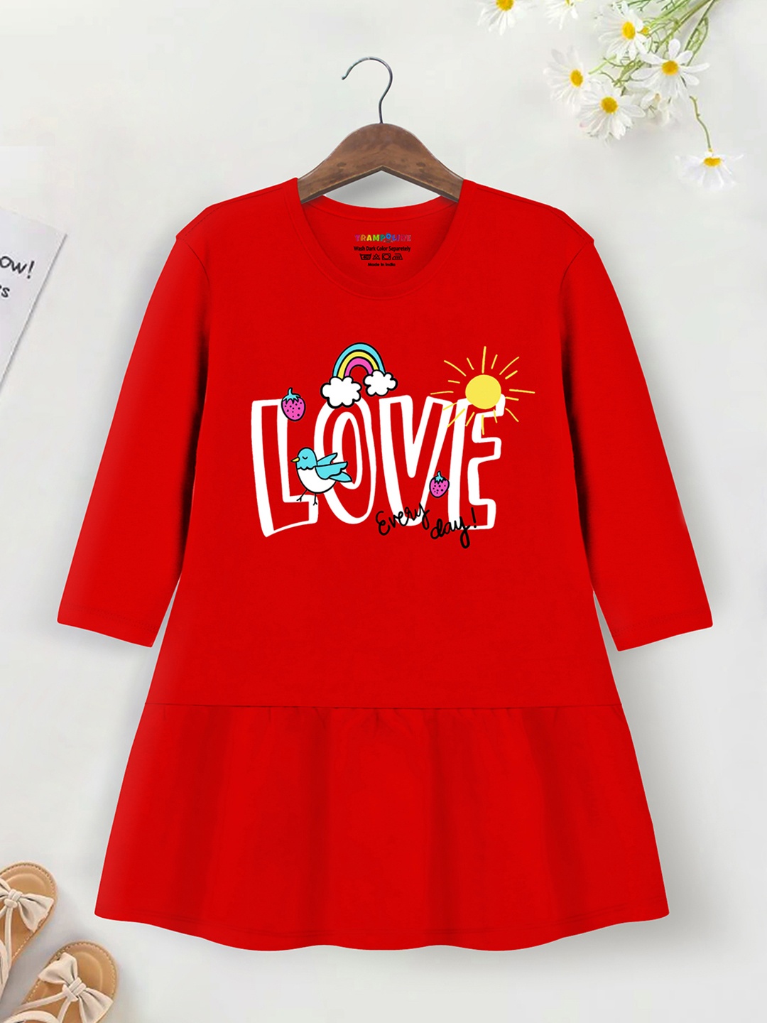 

YK X Trampoline Girls Printed Round Neck Cotton Drop-Waist Dress, Red