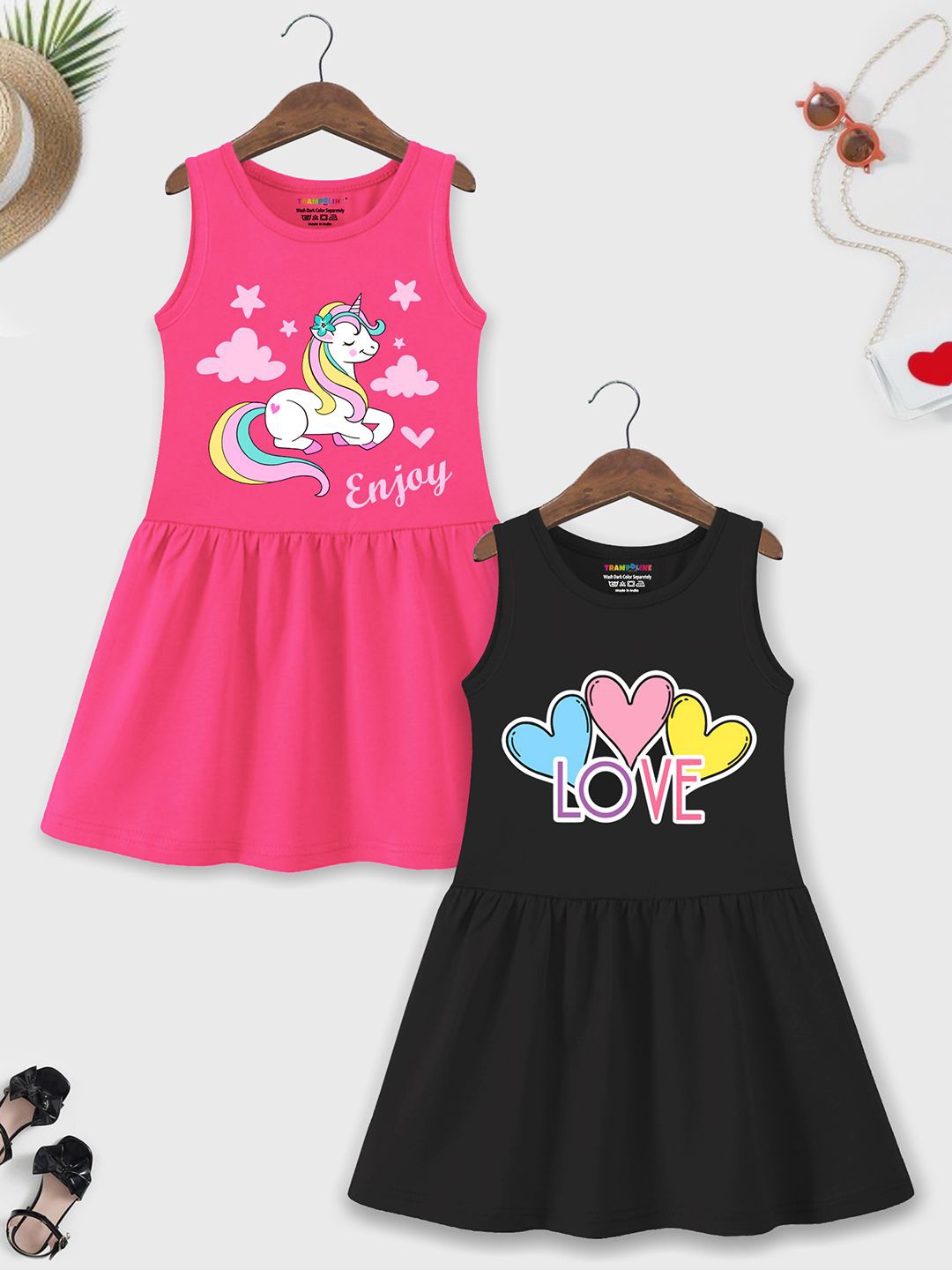 

YK X Trampoline Girls Pack of 2 Cotton Printed Fit & Flare Dress, Pink