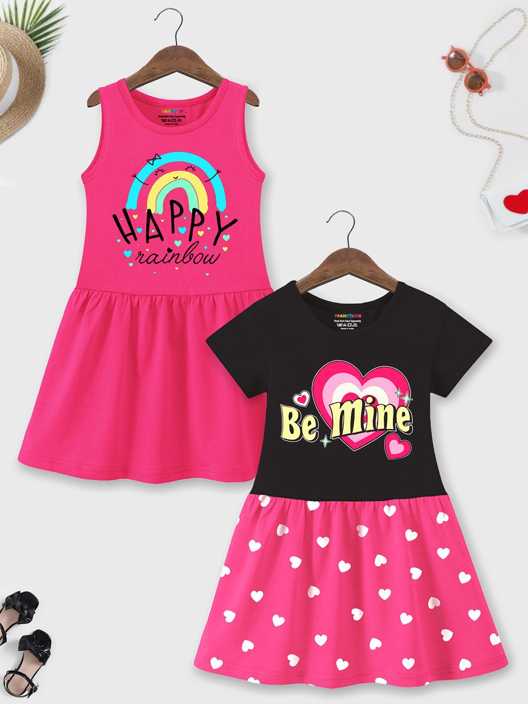 

YK X Trampoline Pack Of 2 Girls Printed Cotton A-Line Dress, Pink