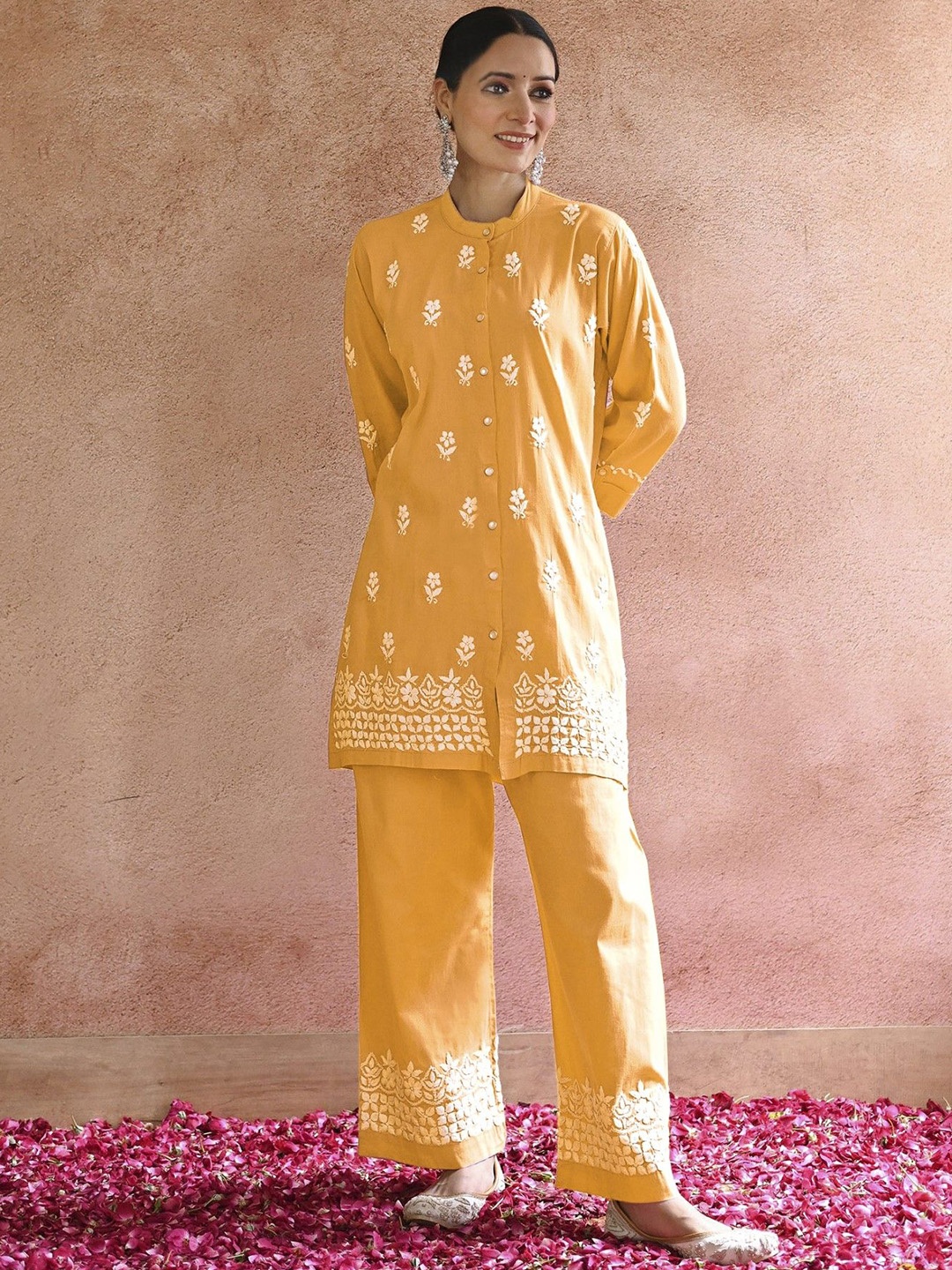 

LeeliPeeri Designer Floral Embroidered Mandarin Collar Chikankari Tunic With Palazzos, Yellow