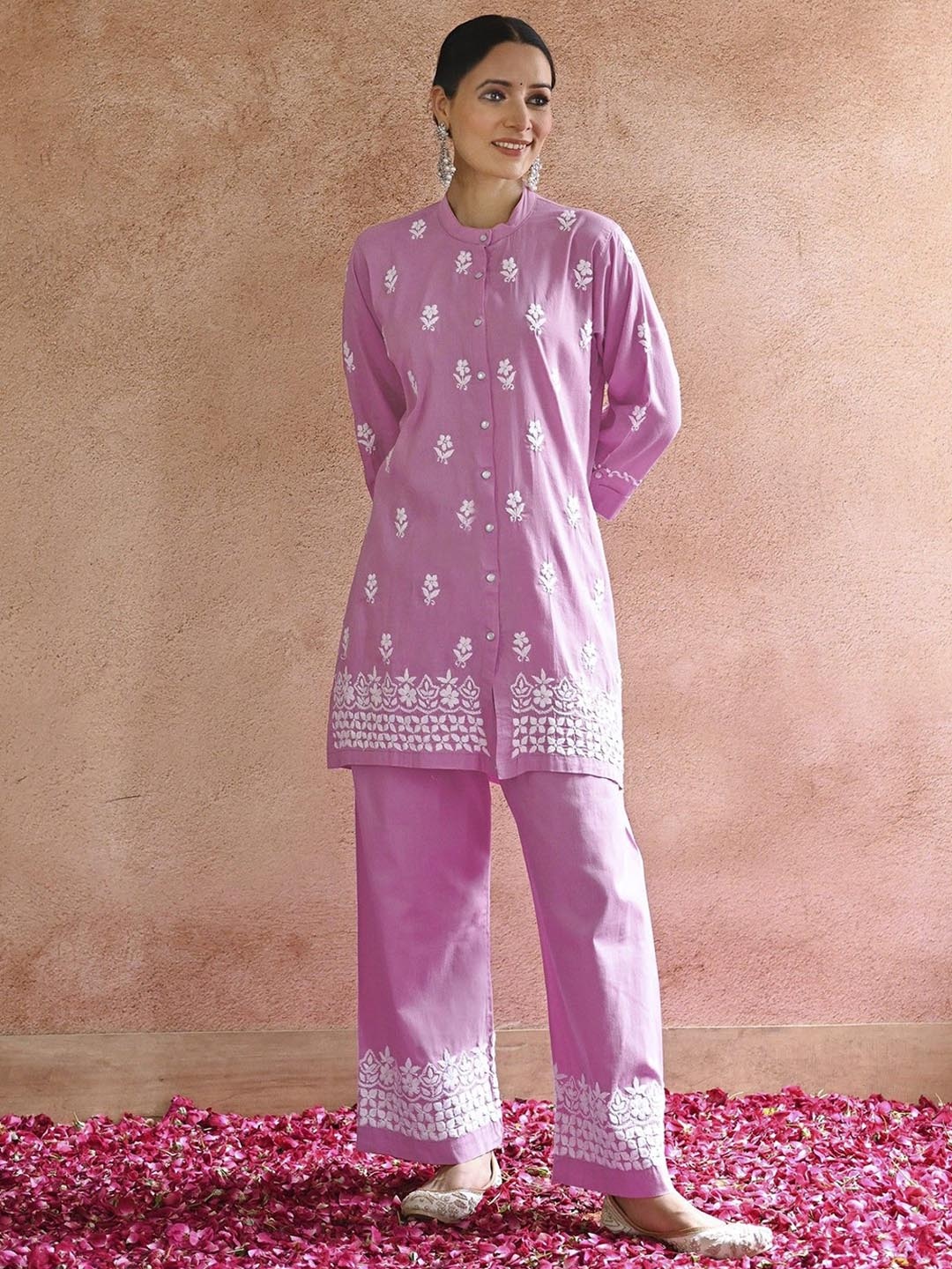 

LeeliPeeri Designer Chickenkari Embroidered Three Quarter Sleeve Tunic & Trouser, Pink