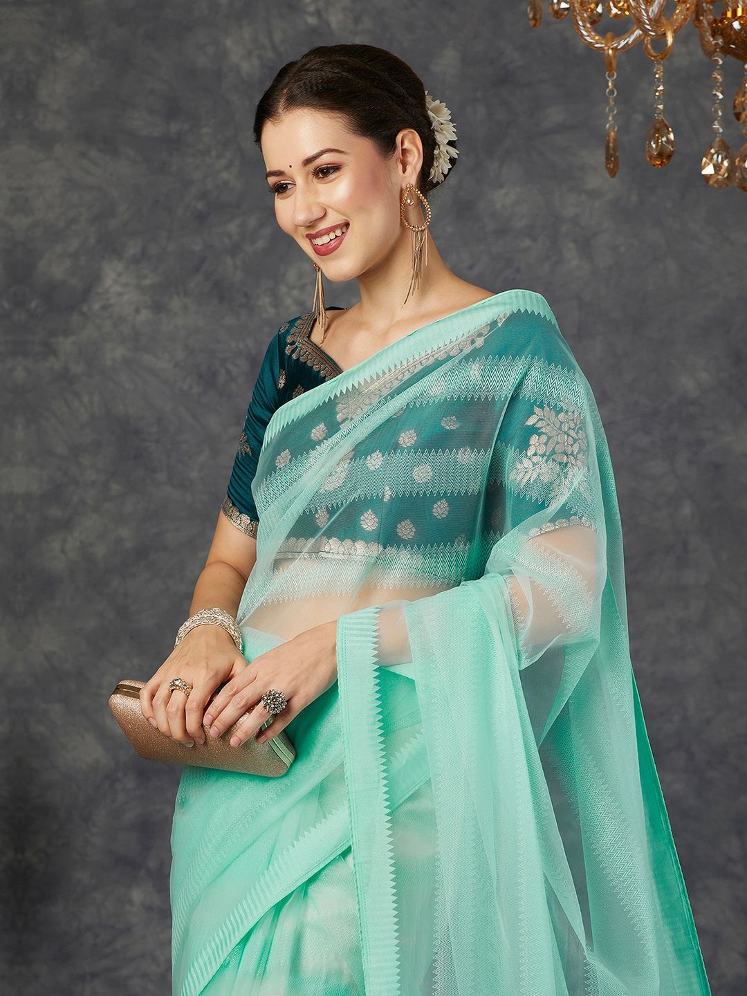 

KALINI Striped Net Saree With Tassels, Turquoise blue