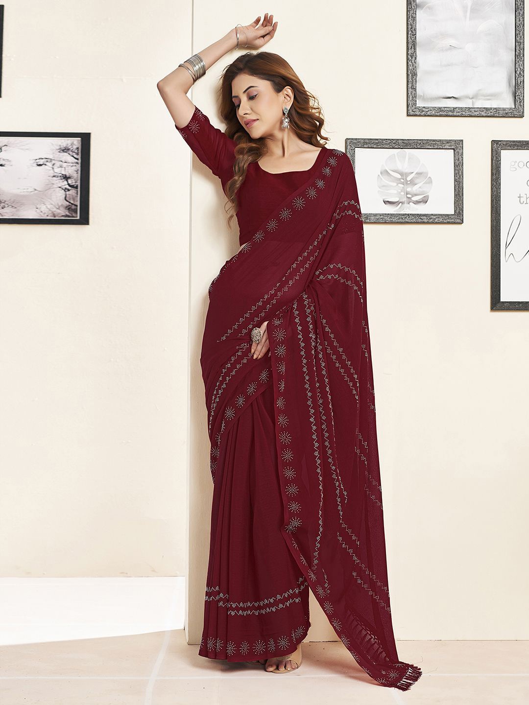 

KALINI Stone Embellished Pure Georgette Tassel Saree, Maroon