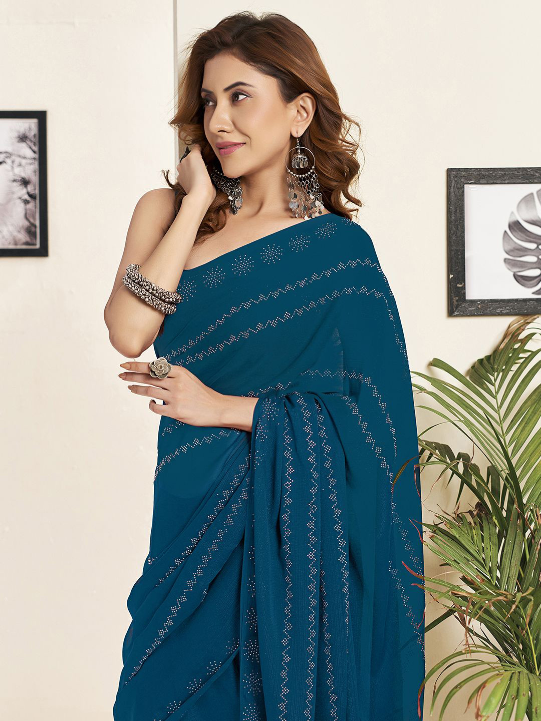 

KALINI Stone Embellished Pure Georgette Tassle Saree, Blue