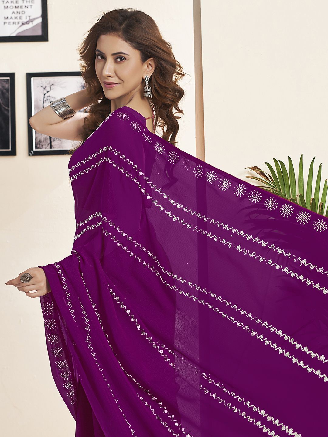

KALINI Embellished Sequinned Pure Georgette Saree, Magenta