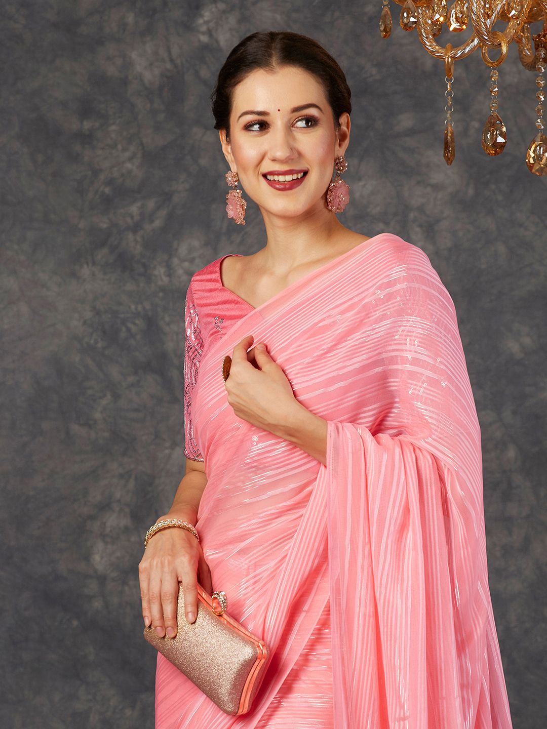 

KALINI Striped Pure Georgette Saree With Sequinned Blouse, Pink