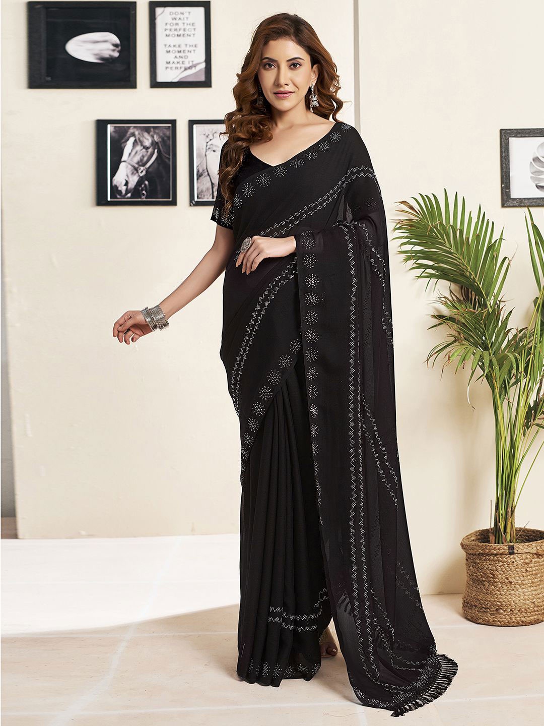 

KALINI Stone Embellished Pure Georgette Tassle Saree, Black