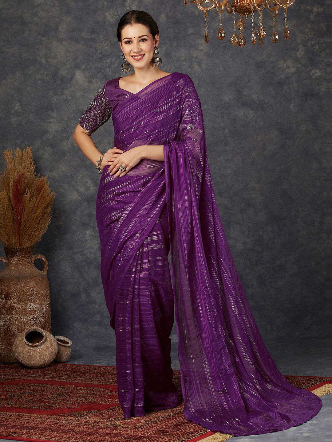 

KALINI Striped Pure Georgette Saree, Purple