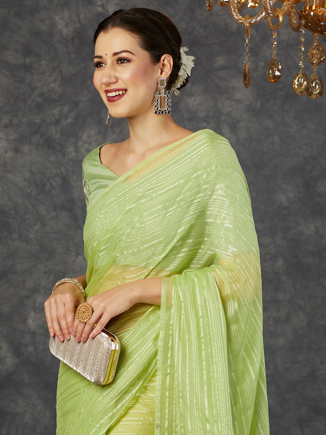 

KALINI Striped Pure Georgette Saree, Green