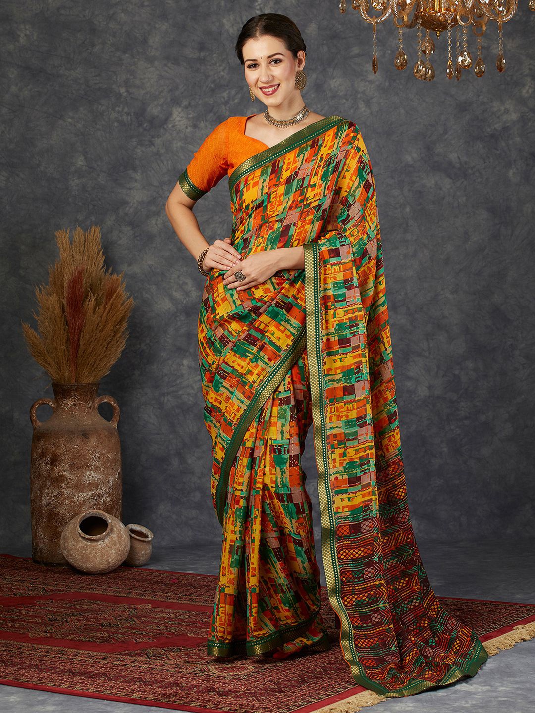 

KALINI Zari Pure Georgette Sungudi Saree, Orange