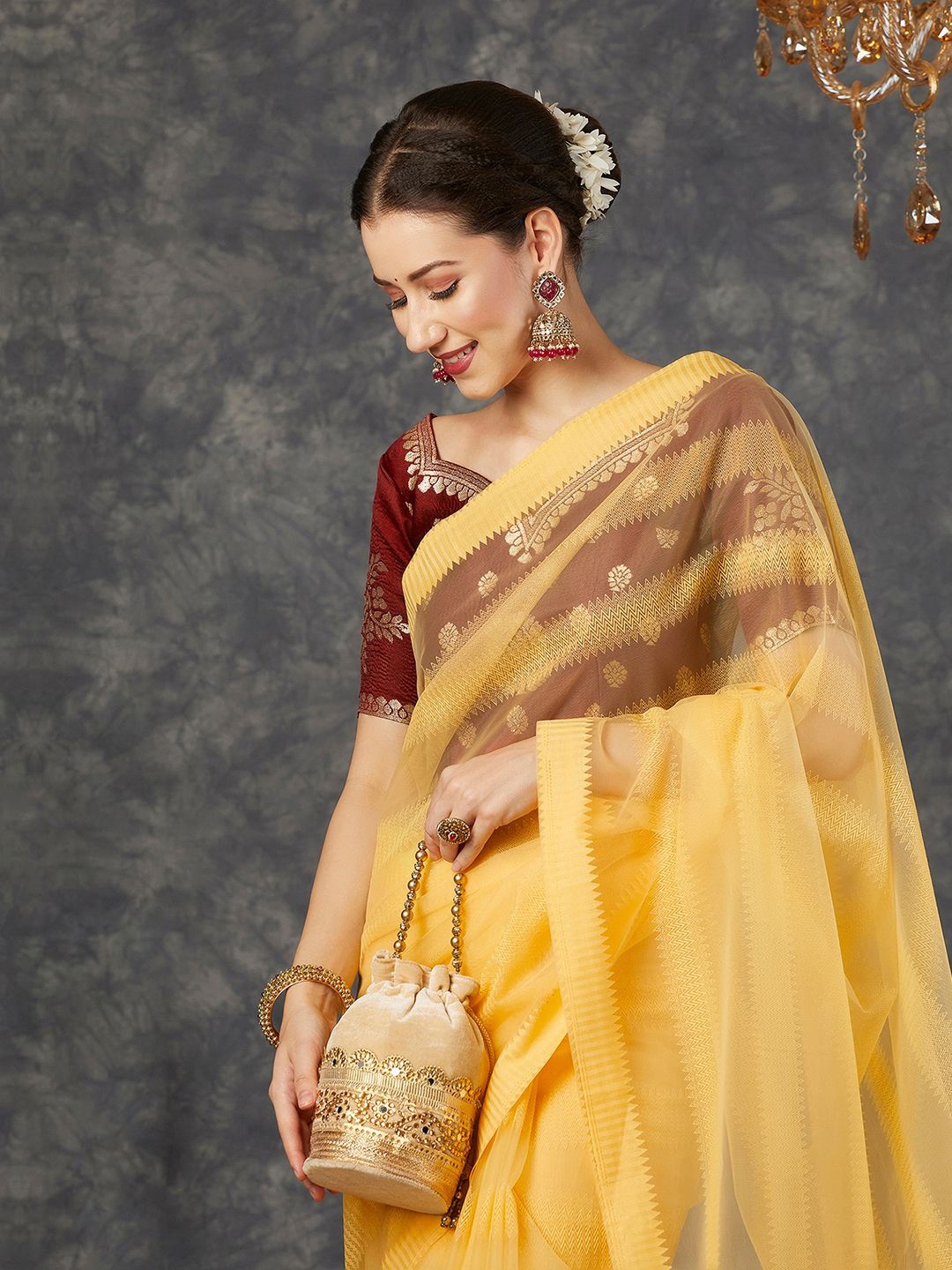 

KALINI Striped Woven Design Saree With Zari Woven Blouse, Yellow