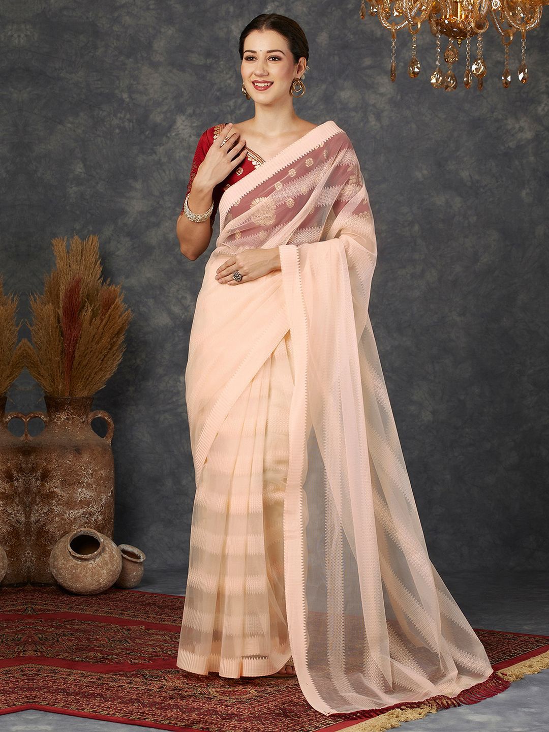 

KALINI Striped Saree with Zari Woven Blouse, Peach