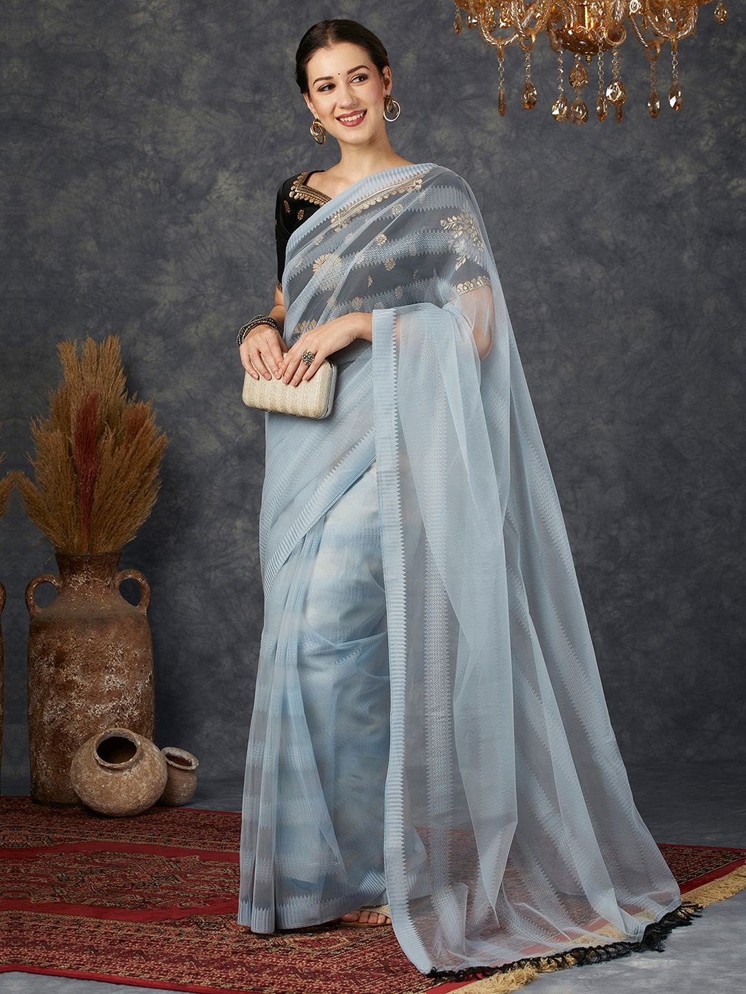 

KALINI Woven Design Striped Saree with Tassle, Grey