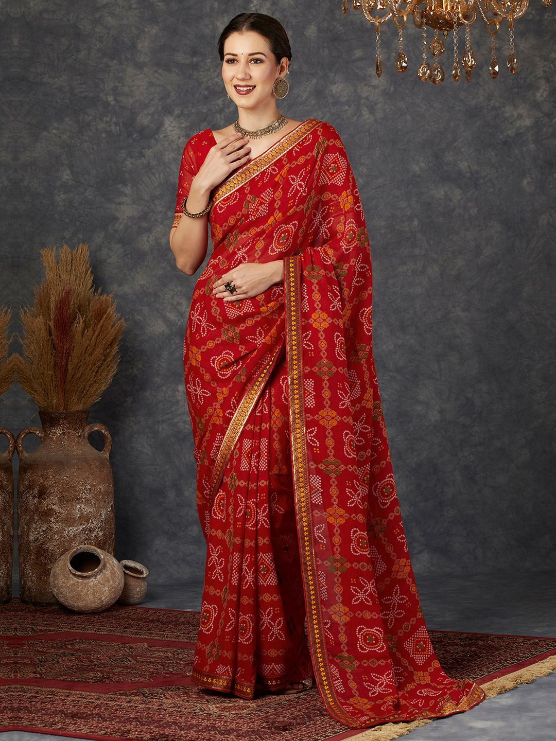 

KALINI Zari Pure Georgette Sungudi Saree, Red