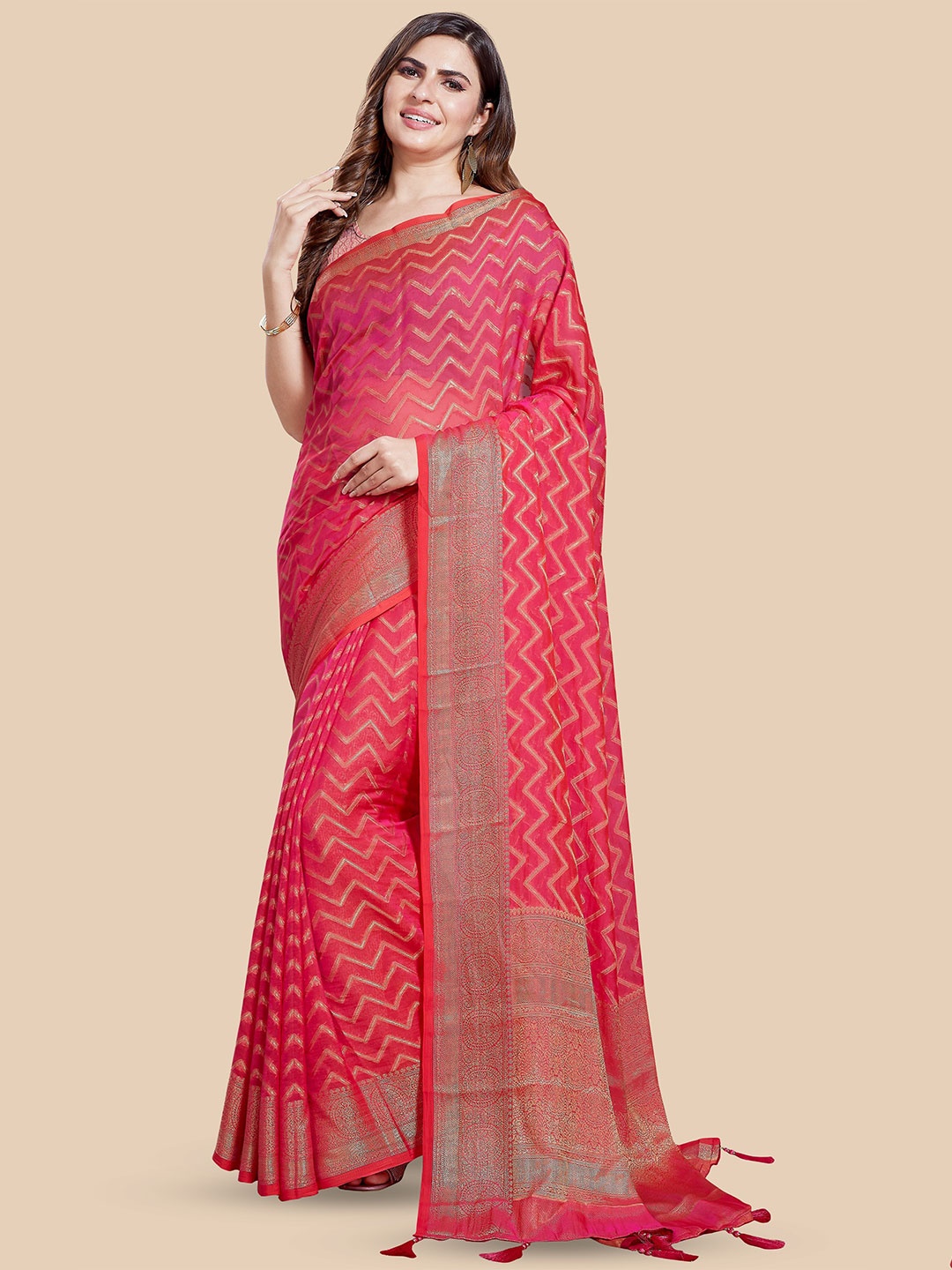 

Rani Saahiba Ethnic Motif Zari Woven Tassel Saree, Pink