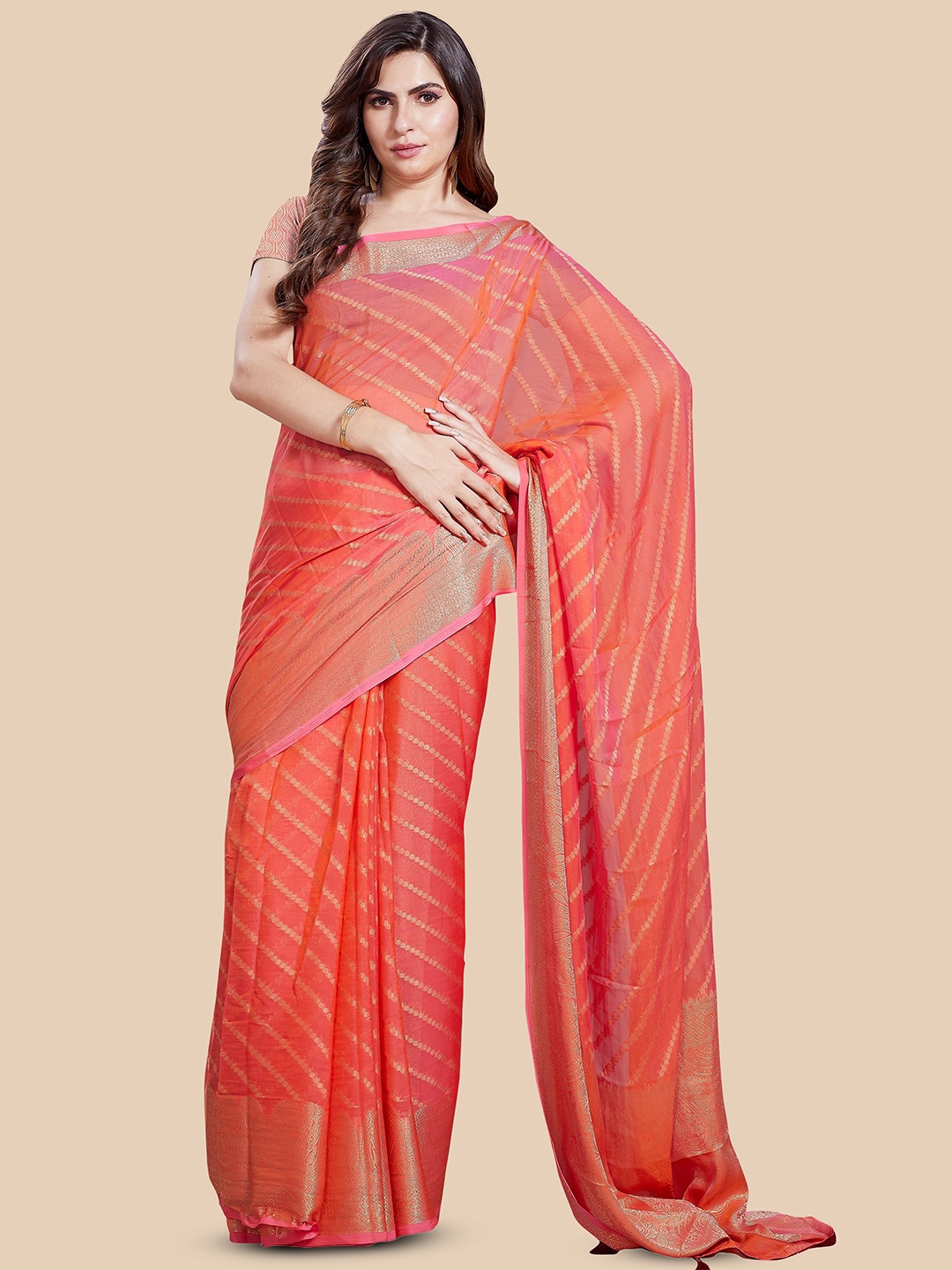 

Rani Saahiba Woven Design Zari Saree, Peach