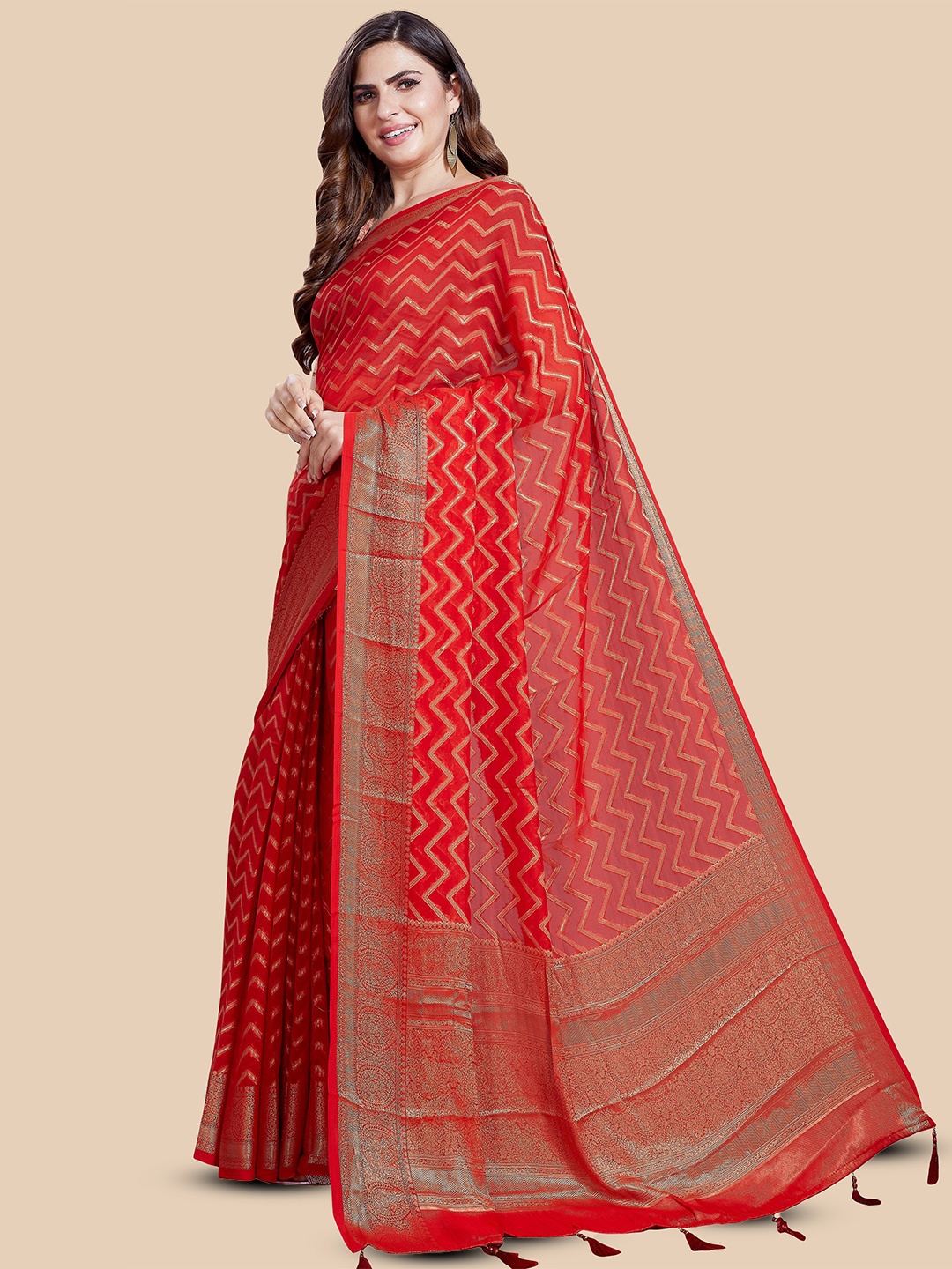 

Rani Saahiba Woven Design Zari Saree, Red