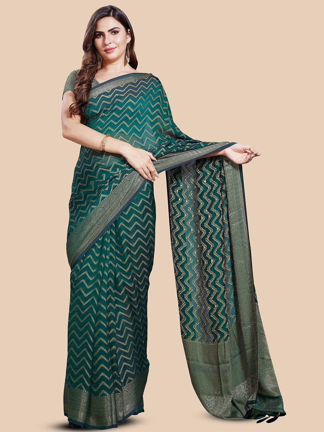 

Rani Saahiba Woven Design Zari Saree, Green