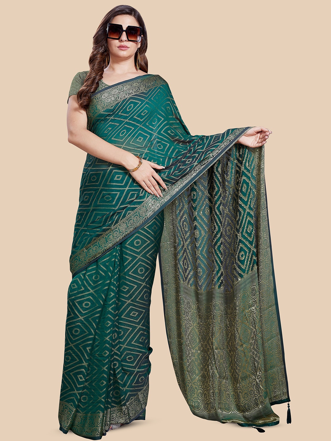 

Rani Saahiba Woven Design Zari Saree, Green