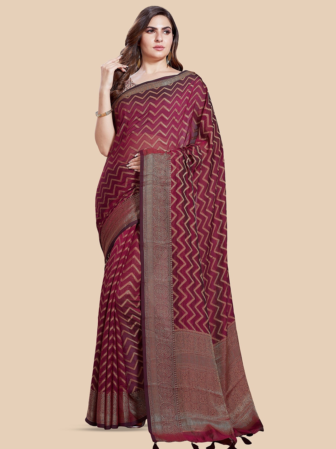 

Rani Saahiba Woven Design Zari Saree, Burgundy