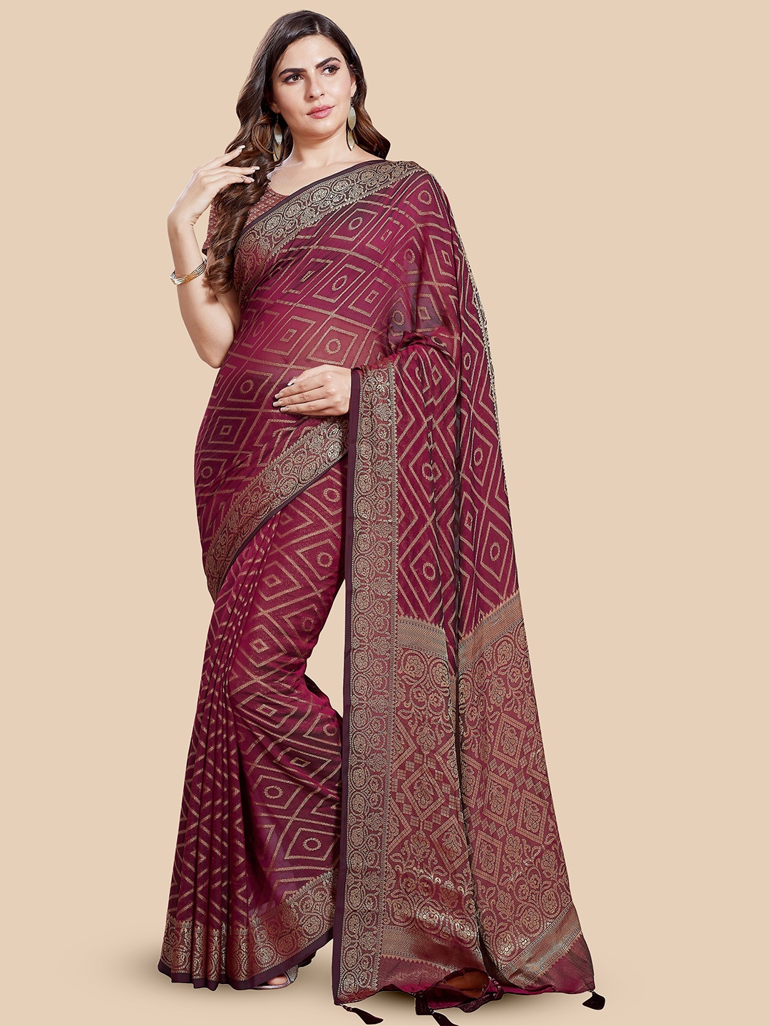 

Rani Saahiba Ethnic Motif Zari Woven Tassel Saree, Burgundy