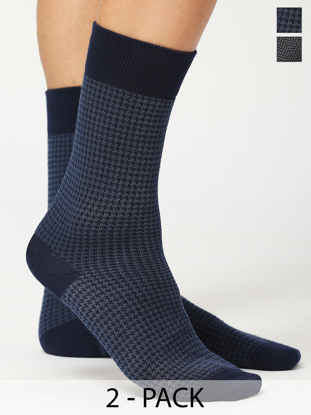 

Balenzia Men Pack Of 2 Patterned Cotton Calf-Length Socks, Blue
