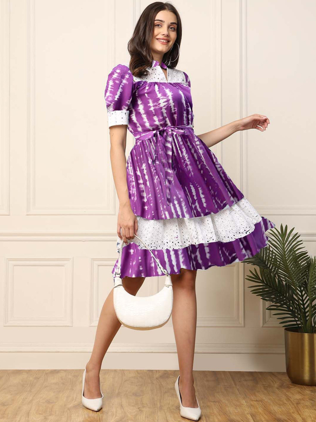 

DEEBACO Women Tie and Mandarin Collar Puff Sleeve Fit & Flare Dress, Lavender