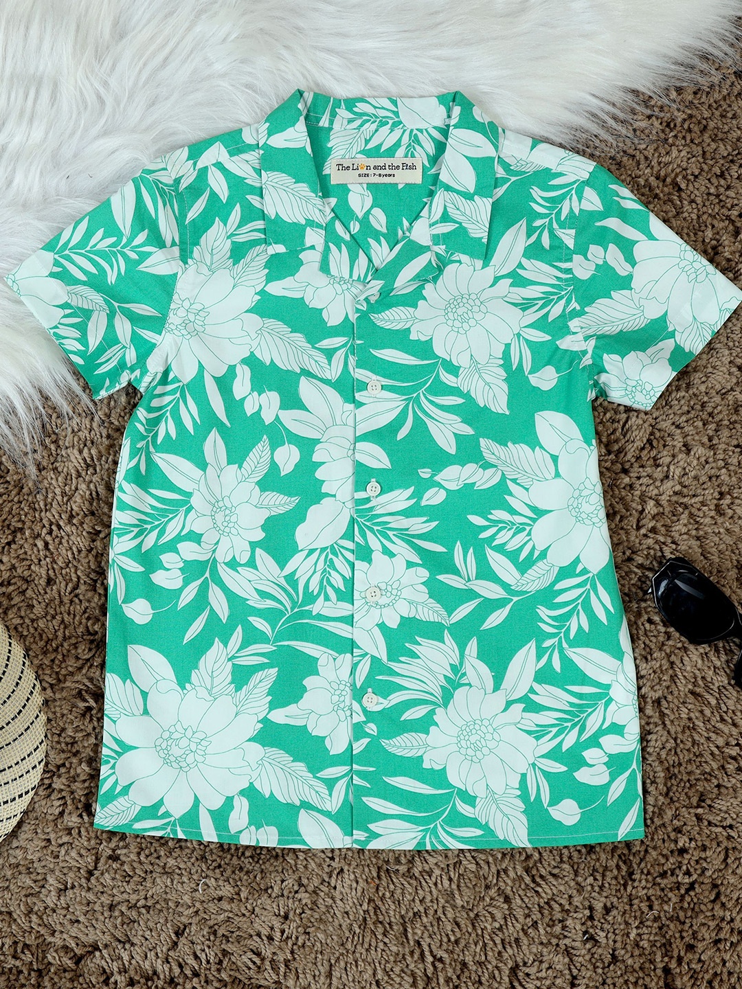 The Lion and The Fish Boys Comfort Floral Opaque Printed Casual Shirt, Green