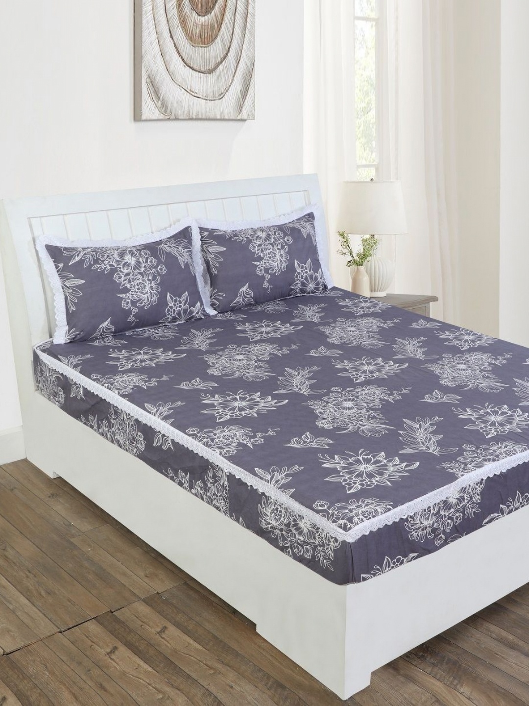 

RD TREND Grey & White Floral Cotton Fitted 210 TC King Bedsheet with 2 Pillow Covers