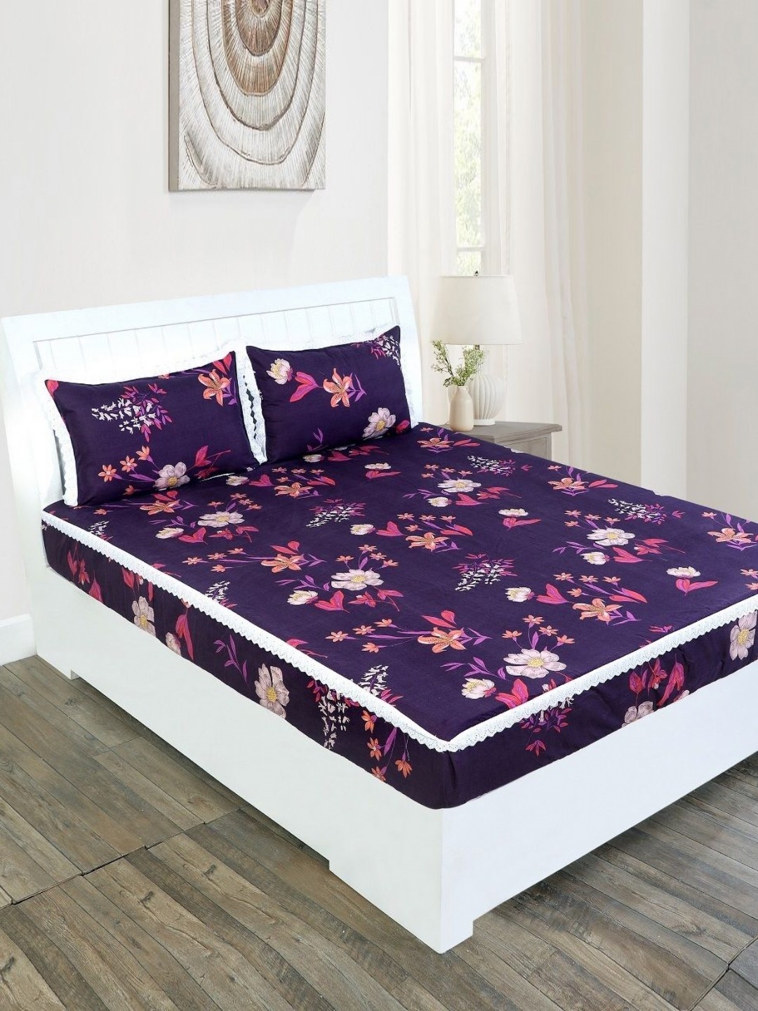 

RD TREND Purple & Orange Floral 210 TC Cotton Fitted King Bedsheet With 2 Pillow Covers
