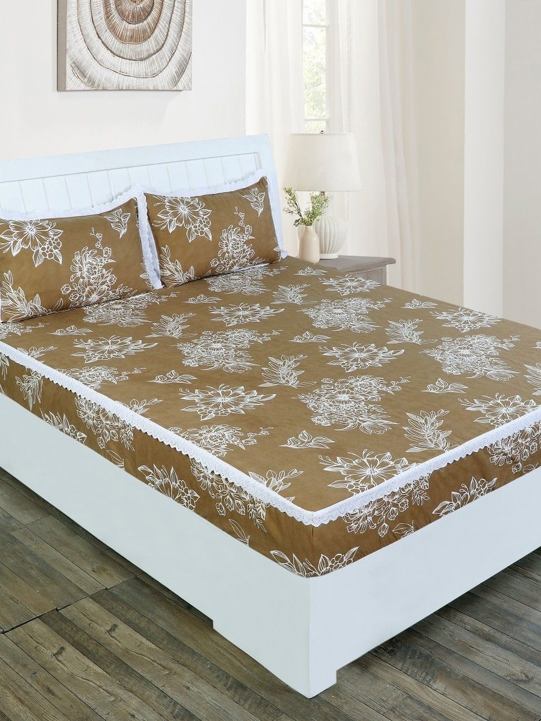 

RD TREND Brown & White Printed 210 TC Cotton Fitted King Bedsheet with 2 Pillow Covers