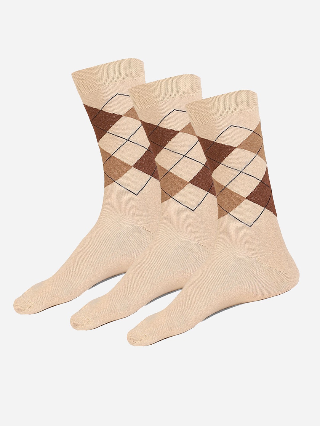 

Bodycare Men Pack Of 3 Patterned Cotton Calf-Length Socks, Beige