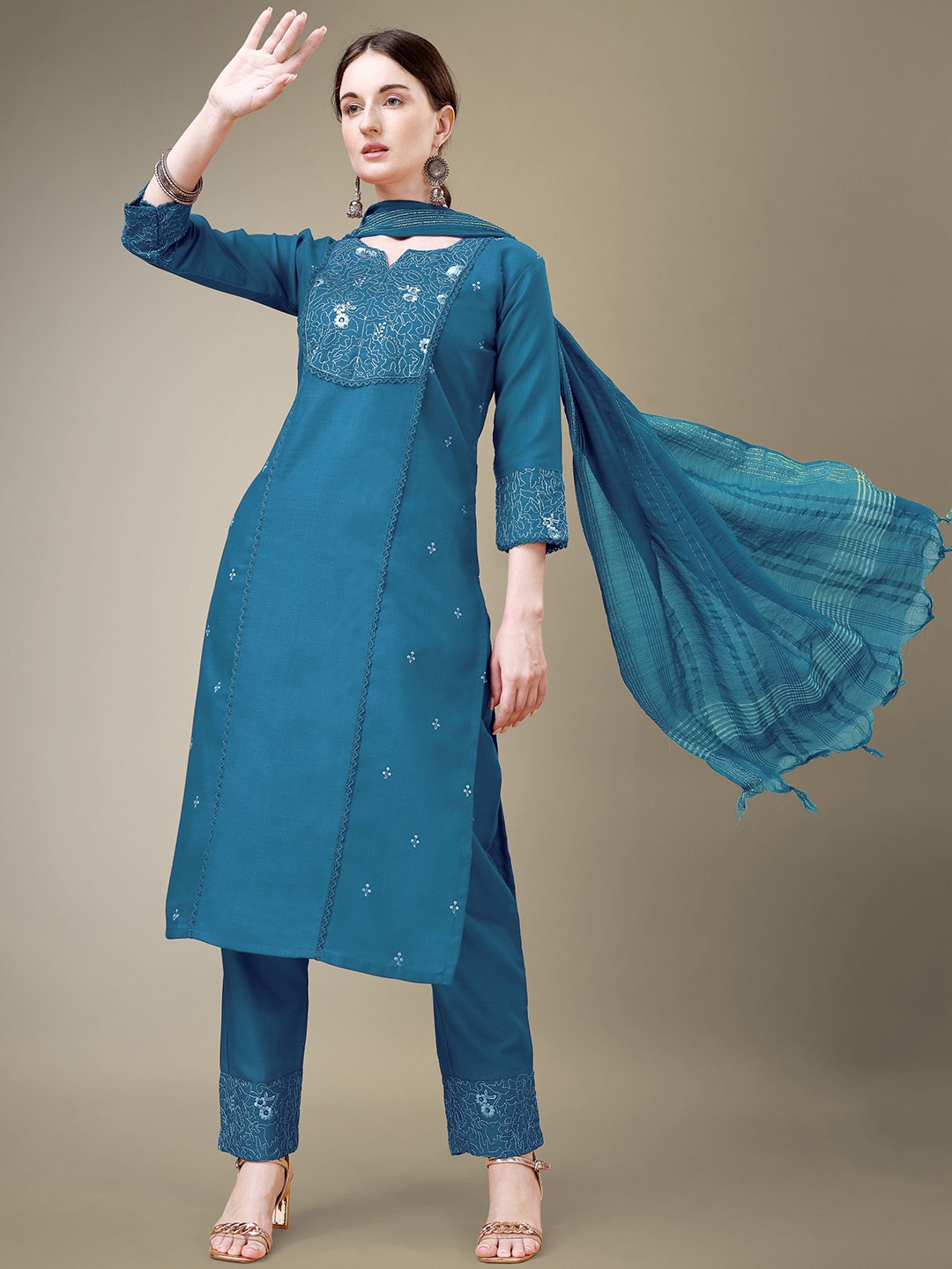 

Rujave Floral Yoke Design Thread Work Straight Kurta With Trousers & Dupatta, Blue