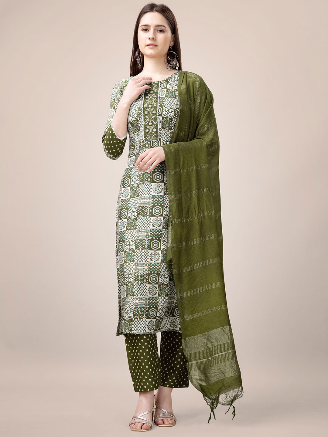 

Rujave Ethnic Motifs Printed Pure Cotton Straight Kurta With Trouser & Dupatta, Olive