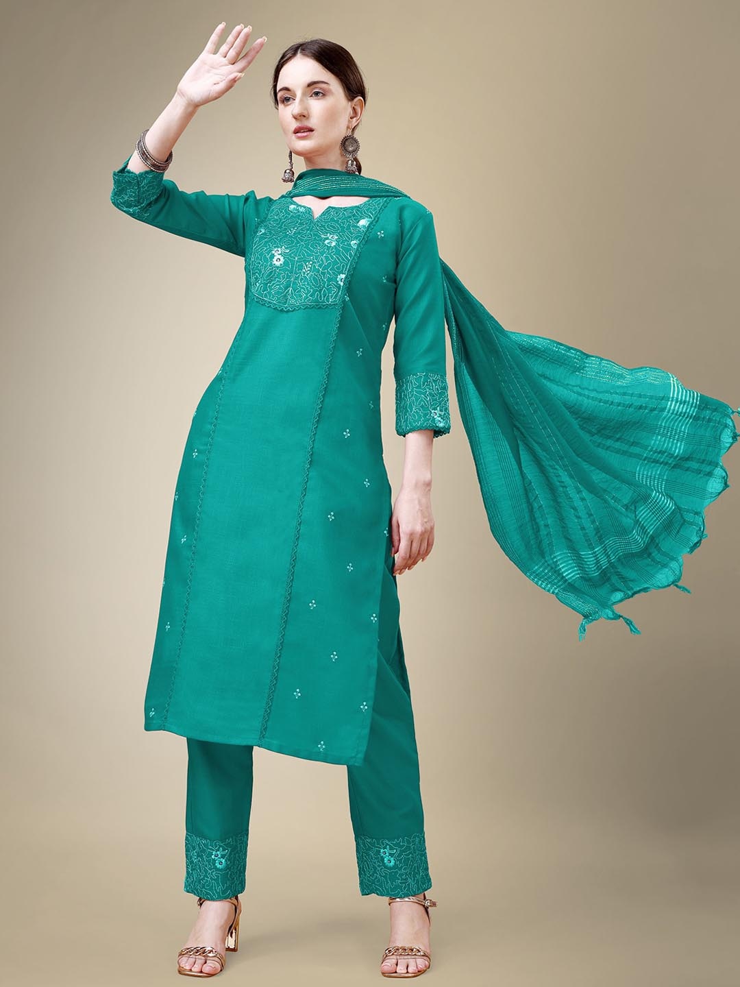 

Rujave Floral Yoke Design Thread Work Straight Kurta With Trousers & Dupatta Set, Sea green