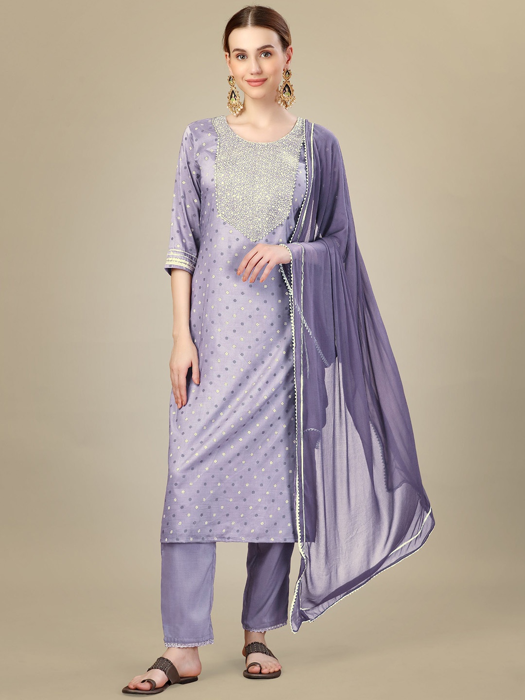 

Rujave Floral Embroidered Regular Thread Work With Printed Kurta & Trousers With Dupatta, Lavender