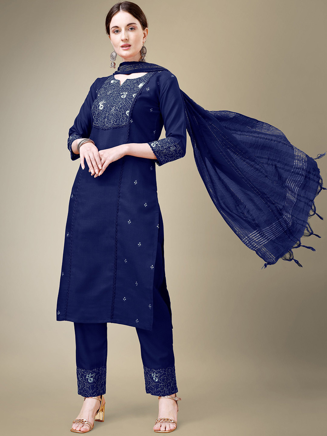 

Rujave Ethnic Motifs Embroidered Straight Kurta With Trousers & Dupatta Set, Navy blue