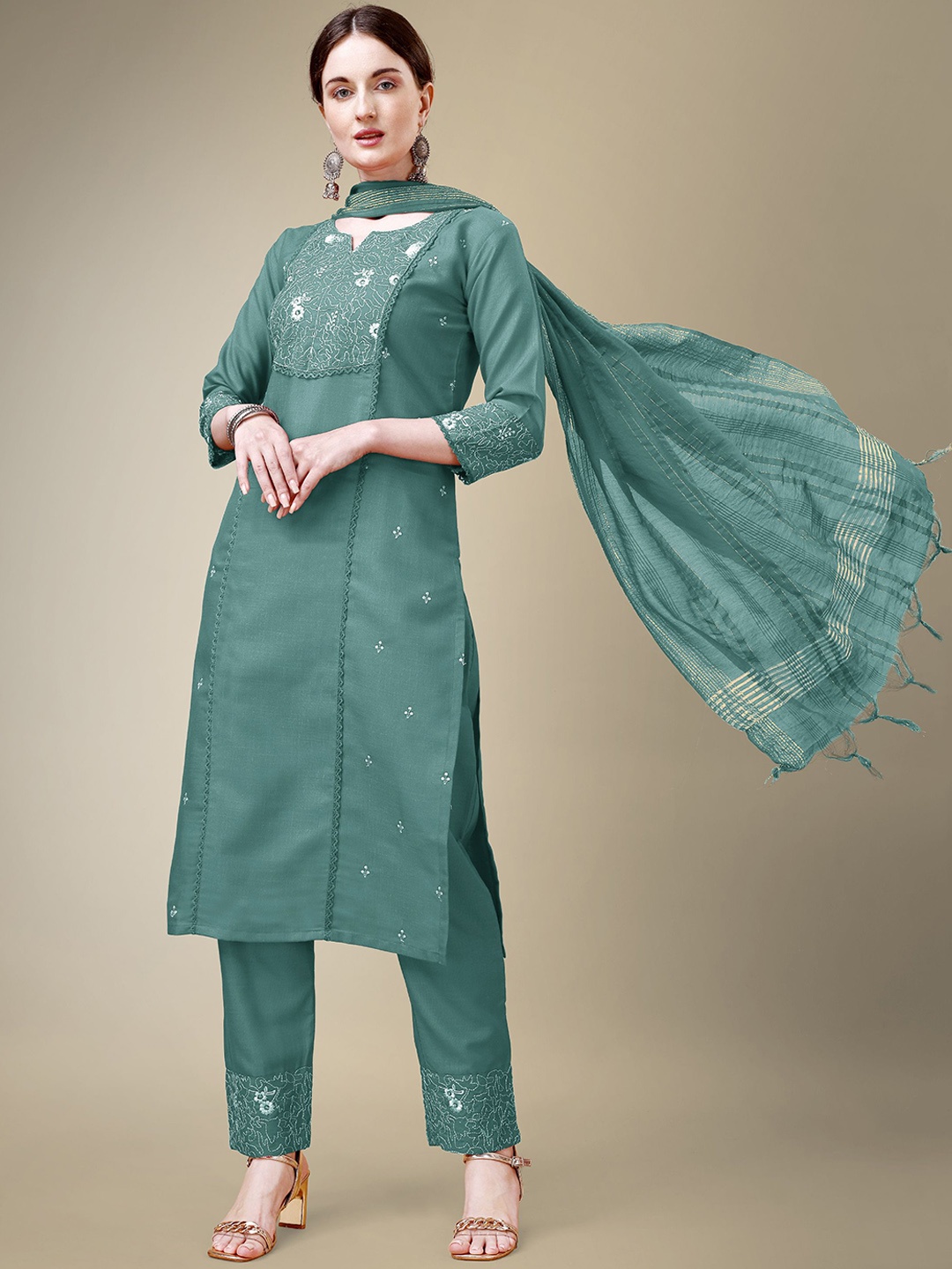 

Rujave Floral Yoke Design Thread Work Straight Kurta With Trousers & Dupatta Set, Teal