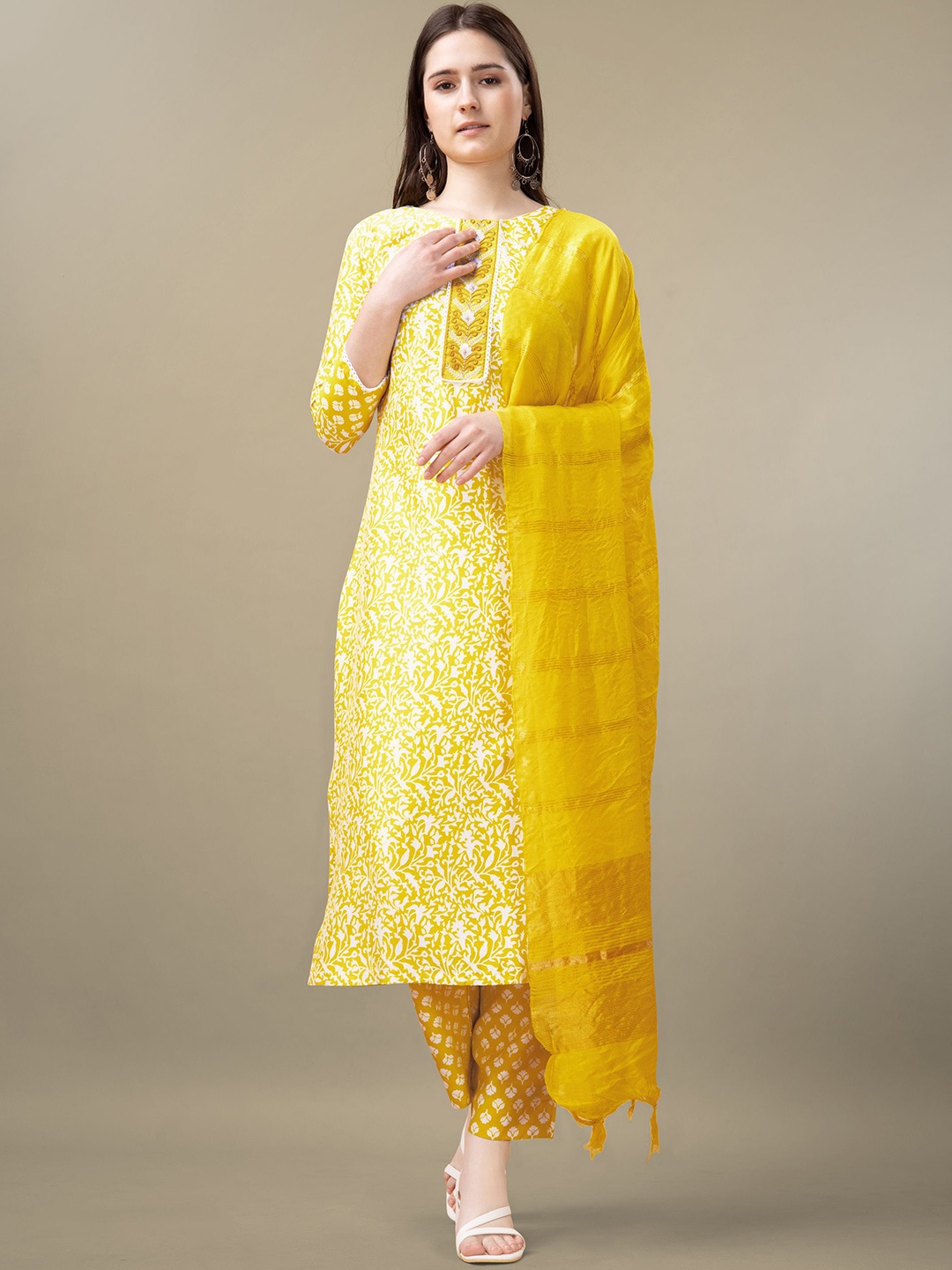 

Rujave Floral Printed Pure Cotton Straight Kurta With Trousers & Dupatta Set, Yellow