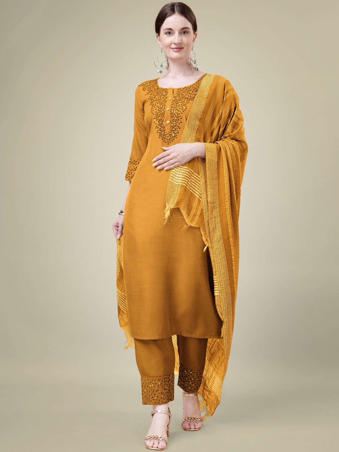 

Rujave Floral Yoke Design Thread Work Pure Cotton Kurta With Trousers & Dupatta Set, Yellow