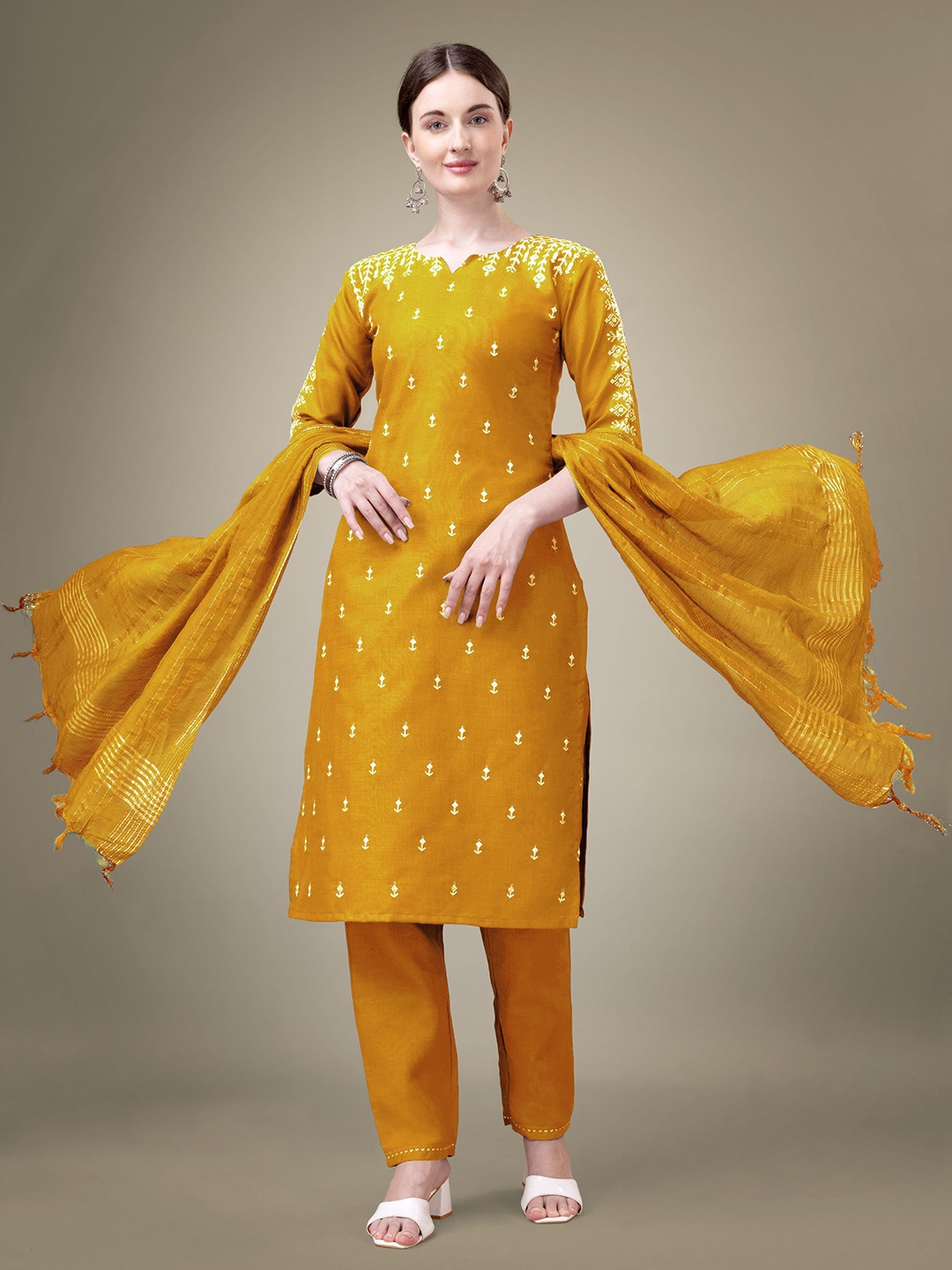 

Rujave Floral Embroidered Straight Kurta With Trousers & Dupatta, Yellow